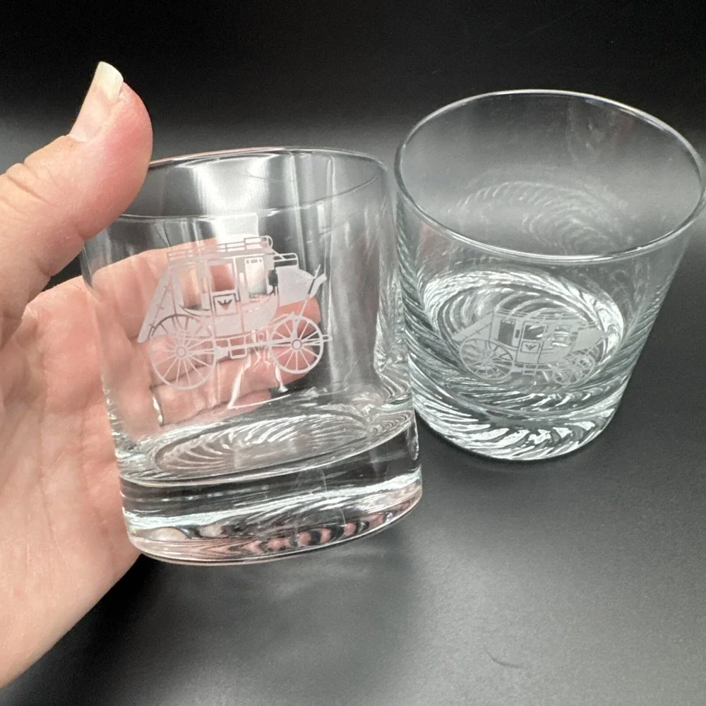Vintage Cocktail Glasses Western Stagecoach Barware Whisky Lowball Set 2 3.5